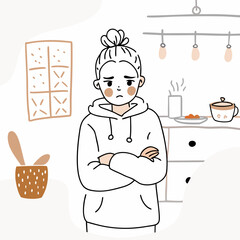 Teenage girl looking upset, arms crossed, kitchen background, minimalist line art
