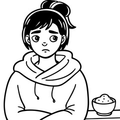 Sad teenage girl sitting with crossed arms next to a bowl, feeling troubled