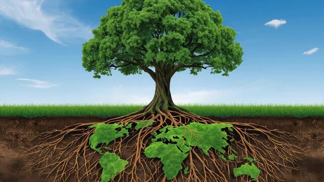 Lush tree with sprawling roots forming green world map underground, earth environment ecology