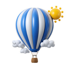 3d illustration of blue and white striped hot air balloon isolated on transparent background