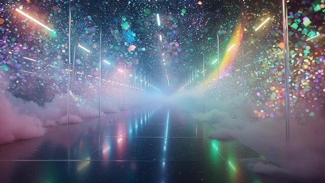 Enchanting Futuristic Neon Pathway with Colorful Lights and Mist - Powered by Adobe