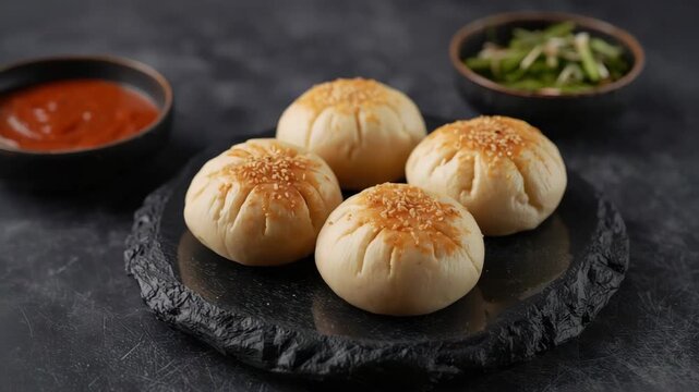 Soft baked sesame bun pastry bread appetizer on slate plate with dipping greens