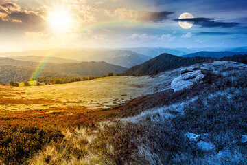 landscape with grassy meadow of ridge. day and night time change concept. mountain scenery on summer solstice with sun and moon at twilight. travel background. nature duality and transition template