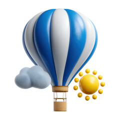 3d illustration of blue and white hot air balloon with sun and cloud isolated on transparent background