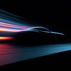 Luxury car silhouette in motion, flowing light ribbons create a dynamic visual effect, emphasizing speed and elegance in a captivating cyberpunk atmosphere