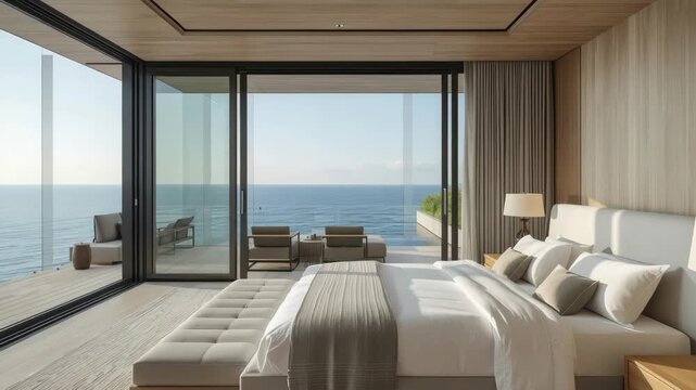 Ocean bedroom with floor to ceiling glass balcony bed sea facing luxury oceanfront serene view