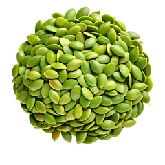 A vibrant sphere meticulously crafted from numerous green pumpkin seeds presented on transparent background