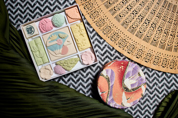 Wasanbon, Japanese sugar cubes. A product of Tokushima. These sugar cubes, dating from the Edo period, are eaten with tea in Japan. They are placed in the mouth and allowed to dissolve as the tea is s