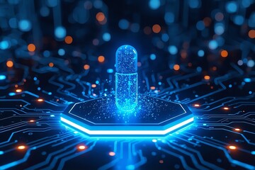 A futuristic blue capsule on a glowing circuit board with neon lights and sparks