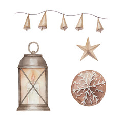 Watercolor Christmas decoration collection. Winter set with lamp, garland, lanterns. Hand drawn isolated  illustration  white background