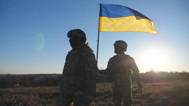 Young woman and man in military uniform going with blue-yellow banner on meadow at sunset. Female and male soldiers of ukrainian army walking with Ukraine flag at field. Resistance to russian invasion