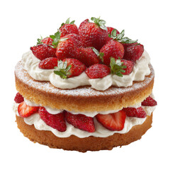 3d illustration of strawberry sponge cake with cream and fresh fruit, isolated on transparent background