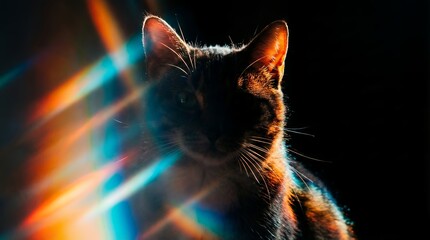Artistic Cat Portrait in Shadow with Rainbow Light Refraction