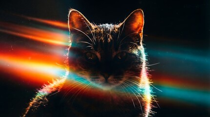 Cinematic Cat Portrait with Intense Horizontal Rainbow Streaks