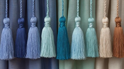 A row of colorful tassels drapes elegantly against textured fabric. The varying shades create a soothing gradient, enhancing the visual appeal of textile design.