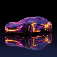 Modern car design abstraction with fluid shapes and glossy surfaces illuminated by neon lighting, creating a vibrant and futuristic atmosphere with reflections