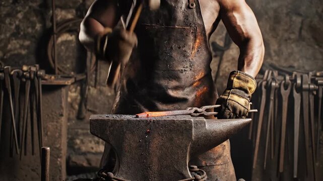 Intense cinematic close-up shot of hot steel being hammered repeatedly on an anvil, creating sparks and dramatic smoke during the forging process industry, warfare, industrial