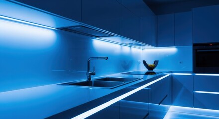 Cool blue LED strip lighting installed at backsplash and toekick level creating futuristic kitchen ambiance with reflective surfaces.