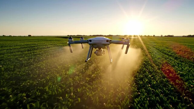 Low angle cinematic shot of a modern autonomous agricultural drone hovering over vast green fields applying precise fertilization spray future, golden hour, pesticide