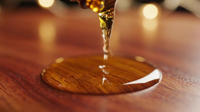Luxurious golden essential oil slowly dripping from an amber glass dropper bottle onto a polished wooden surface in soft, warm lighting spa, texture, meditation