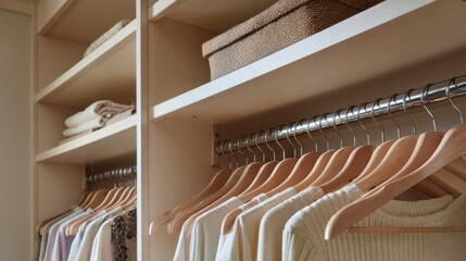 Medium shot of a walkin closet organizer showcasing adjustable shelves and hanging rods for versatile personalized storage solutions in a modern home setting.