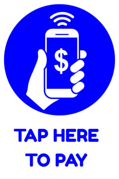 An icon illustrating a hand holding a smartphone with a dollar sign and wireless signal within a blue circle, accompanied by the text "TAP HERE TO PAY", signifying mobile and contactless payment metho