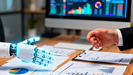 Human hand shaking robotic hand in office - Powered by Adobe