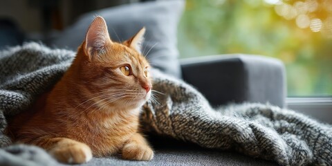 Ginger domestic shorthair cat with amber eyes resting under gray knitted blanket on sofa, looking out bright window to soft autumn garden bokeh. Concept of cozy home comfort
