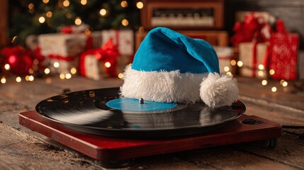 Holiday music: Blue Santa hat on a vinyl record player. Festive backdrop with gifts and tree lights for a cozy Christmas listening session. Nostalgic vibes and merry tunes.