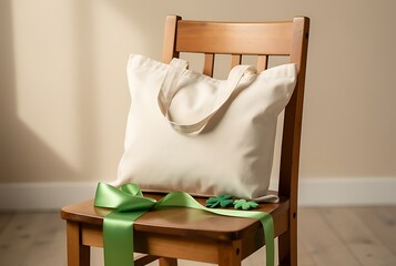 Blank cream tote bag with green ribbon and shamrock on wood chair. Sustainable fashion and eco-friendly shopping concept for Saint Patricks Day.