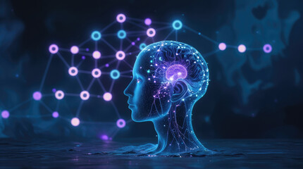 Digital illustration of a human head with glowing neural connections and abstract background, showcasing the concept of artificial intelligence and cognitive technology in a vibrant