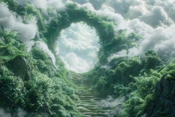 Ancient circular stone staircase leading upward through misty ruins. AI-generated.