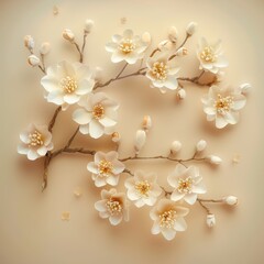 Elegant pastel paper flowers arranged on soft neutral background. AI-generated.
