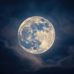 Full moon glowing softly through thin clouds in night sky. AI-generated.