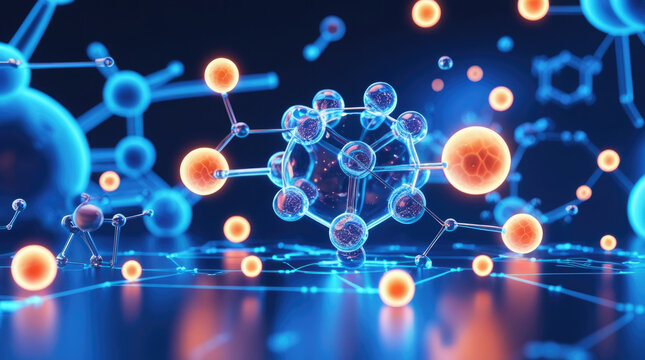 Abstract molecular structure with glowing atoms and interconnected bonds, showcasing the beauty of science and technology in a visually captivating digital environment - Powered by Adobe
