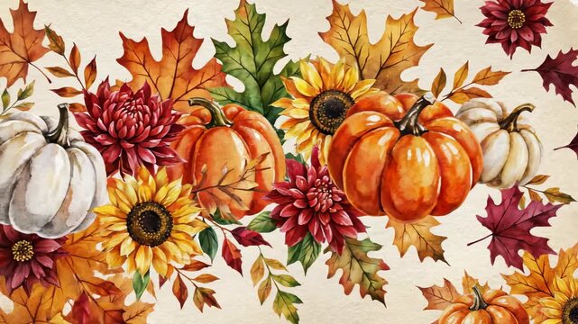Seamlessly looping motion graphic of watercolor autumn elements flowing gracefully featuring painted pumpkins, vibrant fall flowers, and drifting foliage red, seasonal, foliage pattern
