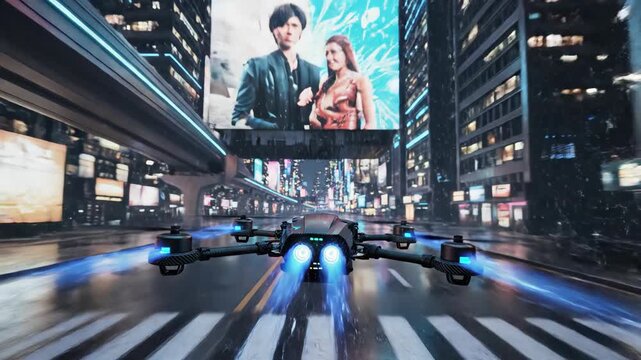 High Speed Racing Drone Flying in Neon Cyberpunk City at Night 3D Render