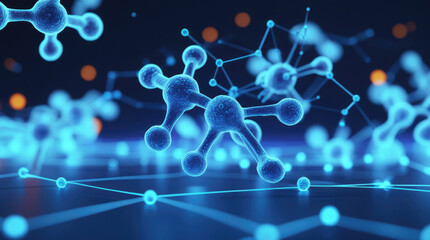 Vibrant molecular structure with interconnected atoms and bonds in blue, representing innovation and technology in the field of chemistry and biology