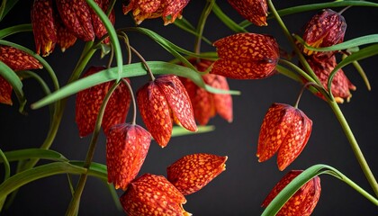 Moody flora. fritillaria meleagris hazel grouse flowers on a black background. Blur and selective focus. Extreme flower Close-up