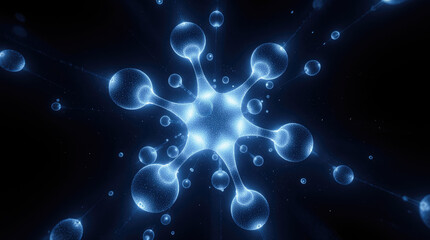 Abstract digital illustration of a glowing molecular structure with interconnected spheres and particles, showcasing the beauty of science and technology in a dark cosmic background