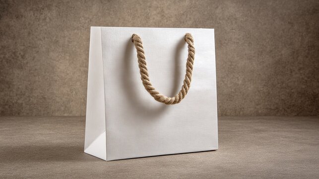 A pristine white shopping bag, featuring handles crafted from natural rope, sits gracefully on a neutral surface, blending utility and minimalist style. The bag is empty.