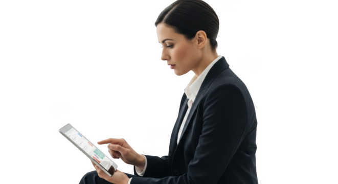 Businesswoman using a tablet device isolated on transparent background - Powered by Adobe