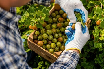 Gloved hands harvest fresh green and amber gooseberries into a wooden crate. Bountiful summer berry picking in a vibrant garden