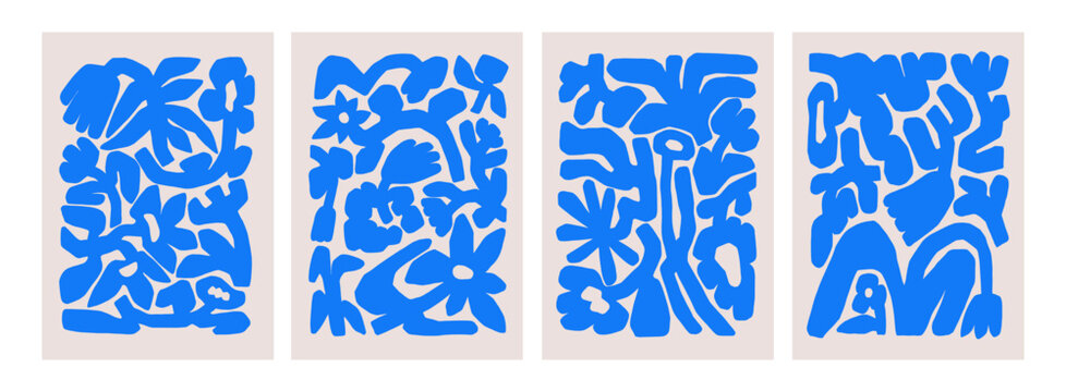 Abstract floral cards set. Modern contemporary posters, wall art, creative textures. Flower and branch shapes, backgrounds in Matisse organic style. Doodle nature patterns. Flat vector illustrations