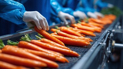Carrots get checked along the conveyor belt in the facility. The staff are wearing gowns and gloves for hygiene. The carrots are aligned, ready to be sorted and processed.