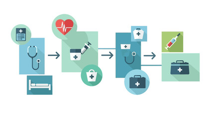 Medical care process with healthcare icons and symbols