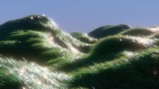 Close-up of stylized glossy green grass landscape under soft daylight perfect for CGI environments, fantasy worlds and surreal nature design
