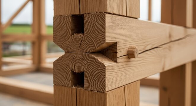 Detailed perspective of a mortise and tenon joint system in heavy timber construction showing wood fibers and joint fit precision.