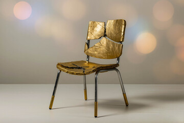 Repair of a broken wooden chair with metallic gold plating in the kintsugi style. Studio shot with soft bokeh and a minimalist composition.