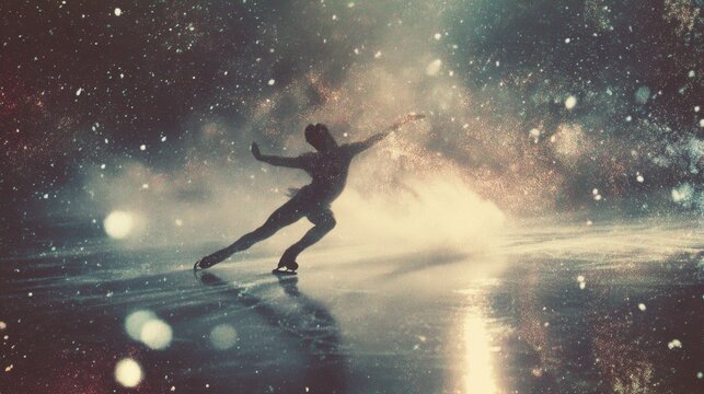 Figure skater performing on a dreamy illuminated ice rink with sparkles and glowing atmosphere perfect for sports ads and fantasy winter visuals
